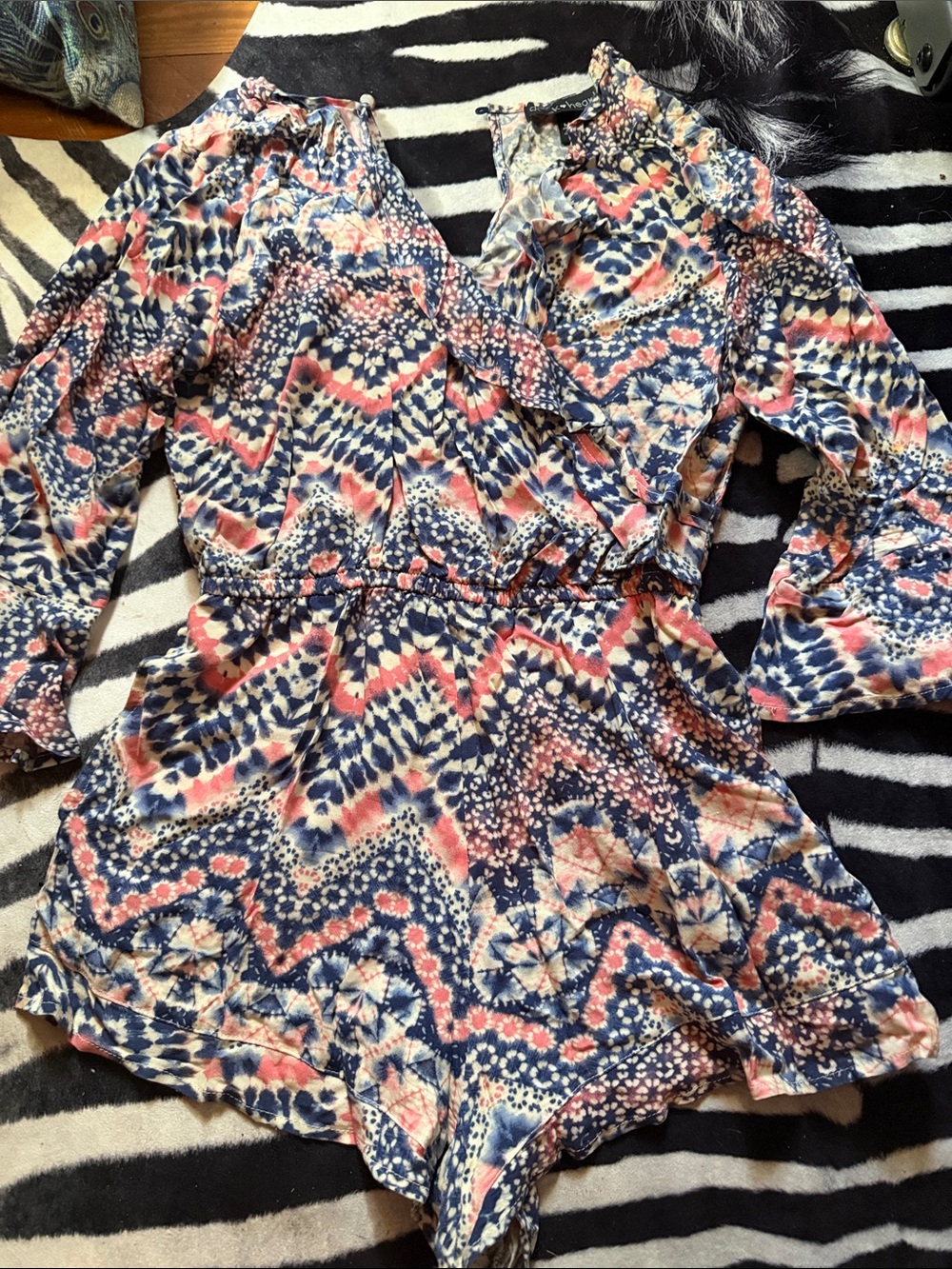 Navy and Pink tied died western Patterned Long-Sleeve Romper